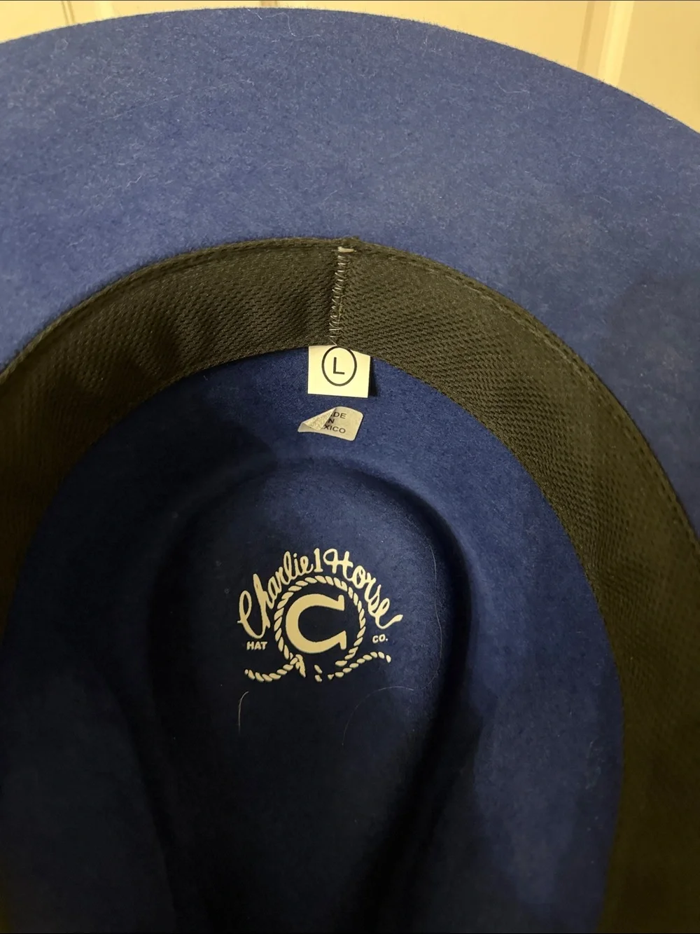 Classic Wide-Brim Felt Hat in Navy with Tan Band - Picture 7 of 8